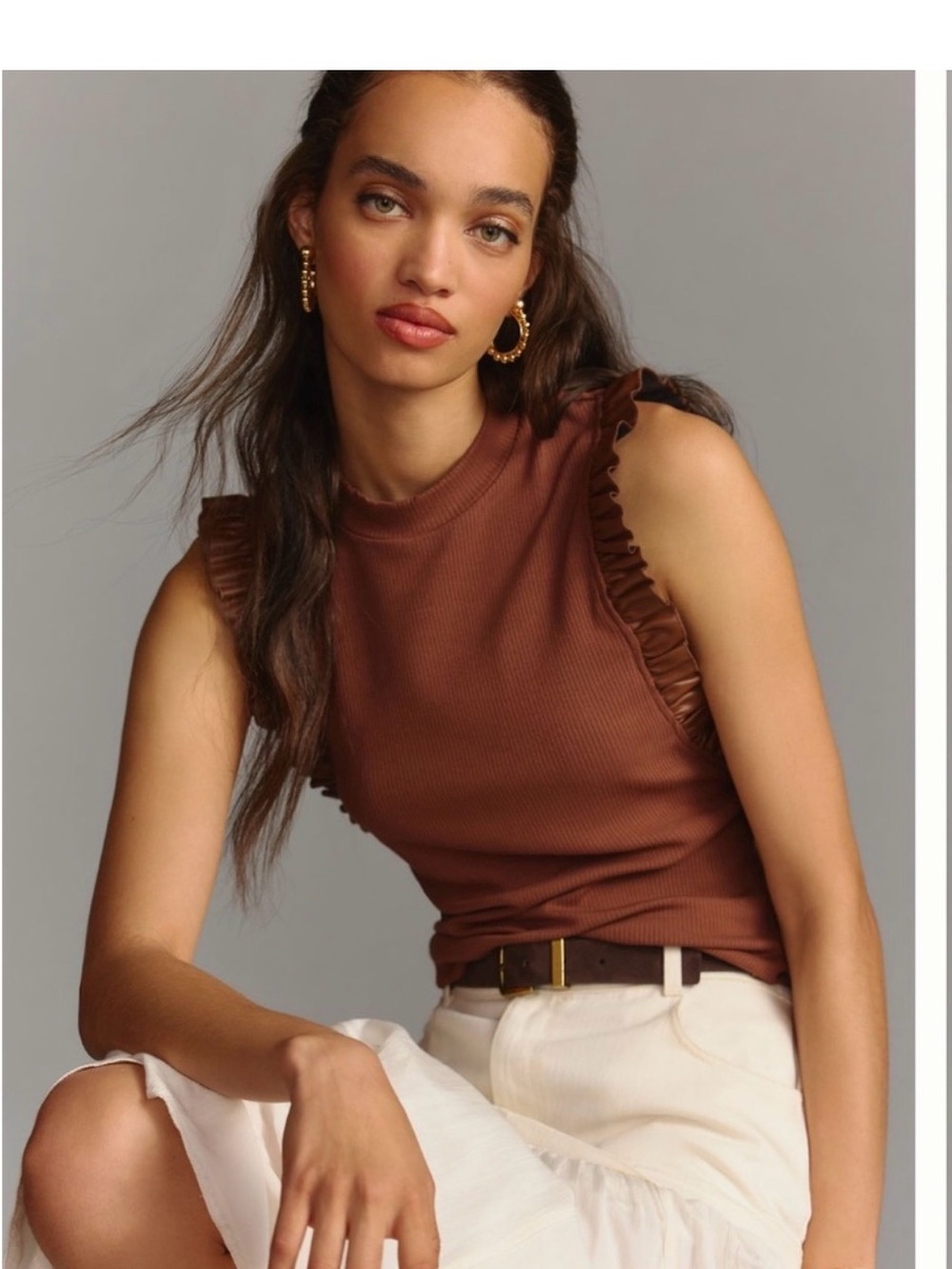 Anthropology Sunday in Brooklyn Brown Ribbed Ruffle Sleeve Tank